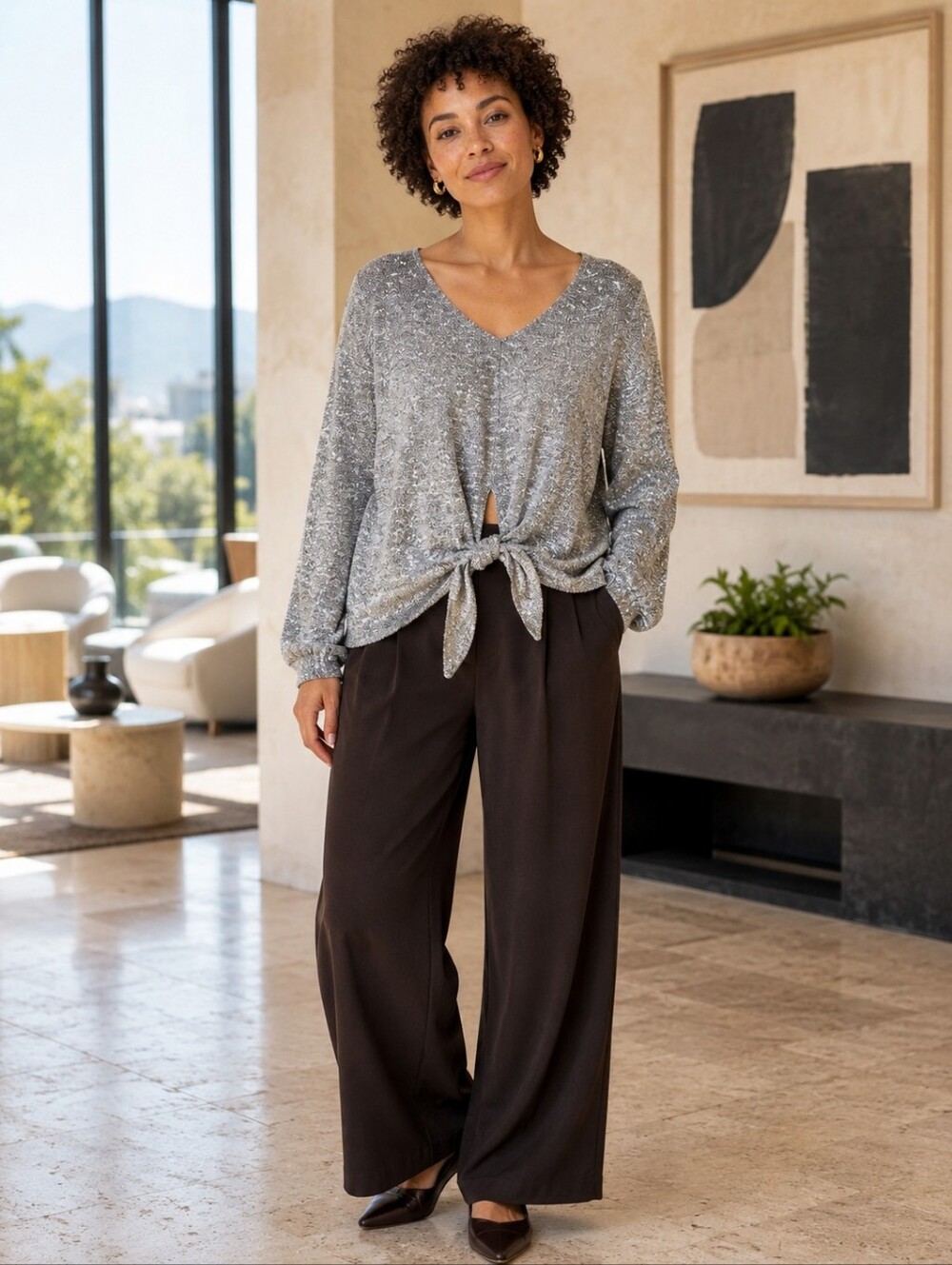 Show Me Your Mumu Keegan Silver Metallic V-Neck Tie Front Sweater M